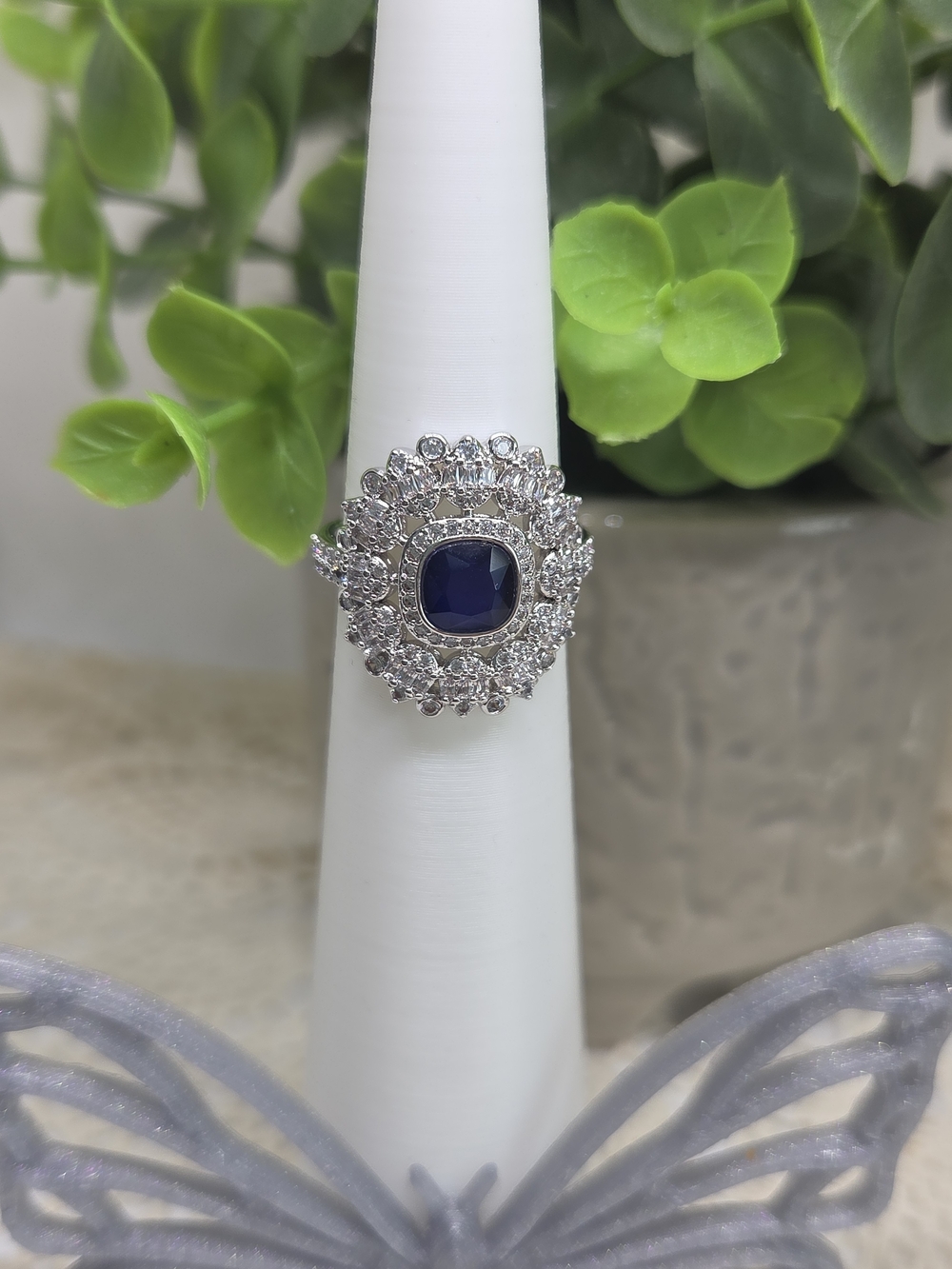 Sapphire Fused With Quartz With Halo Diamonds On Rhodium Plating